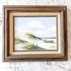 Signed Original Oil Canvas Painting Sea Sand Dune Framed Ocean Canoe Silver